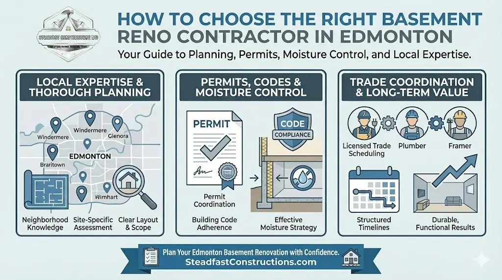 Steadfast Constructions Ltd infographic guide titled "How to Choose the Right Basement Reno Contractor in Edmonton," detailing key steps like utilizing local expertise in neighborhoods such as Windermere and Glenora, ensuring permit and code compliance for moisture control, and coordinating licensed trades for durable, long-term value.