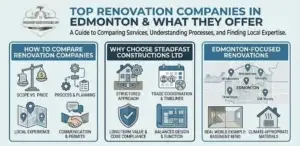 Gemini said A Steadfast Constructions Ltd infographic titled "Top Renovation Companies in Edmonton & What They Offer," illustrating key factors for comparing contractors such as scope versus price, local experience in neighborhoods like Windermere, and the importance of structured planning for successful home renovations.