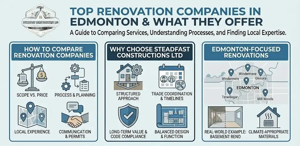 Gemini said A Steadfast Constructions Ltd infographic titled "Top Renovation Companies in Edmonton & What They Offer," illustrating key factors for comparing contractors such as scope versus price, local experience in neighborhoods like Windermere, and the importance of structured planning for successful home renovations.