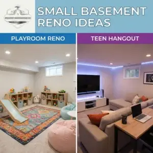A split-screen infographic by Steadfast Constructions Ltd comparing small basement reno ideas