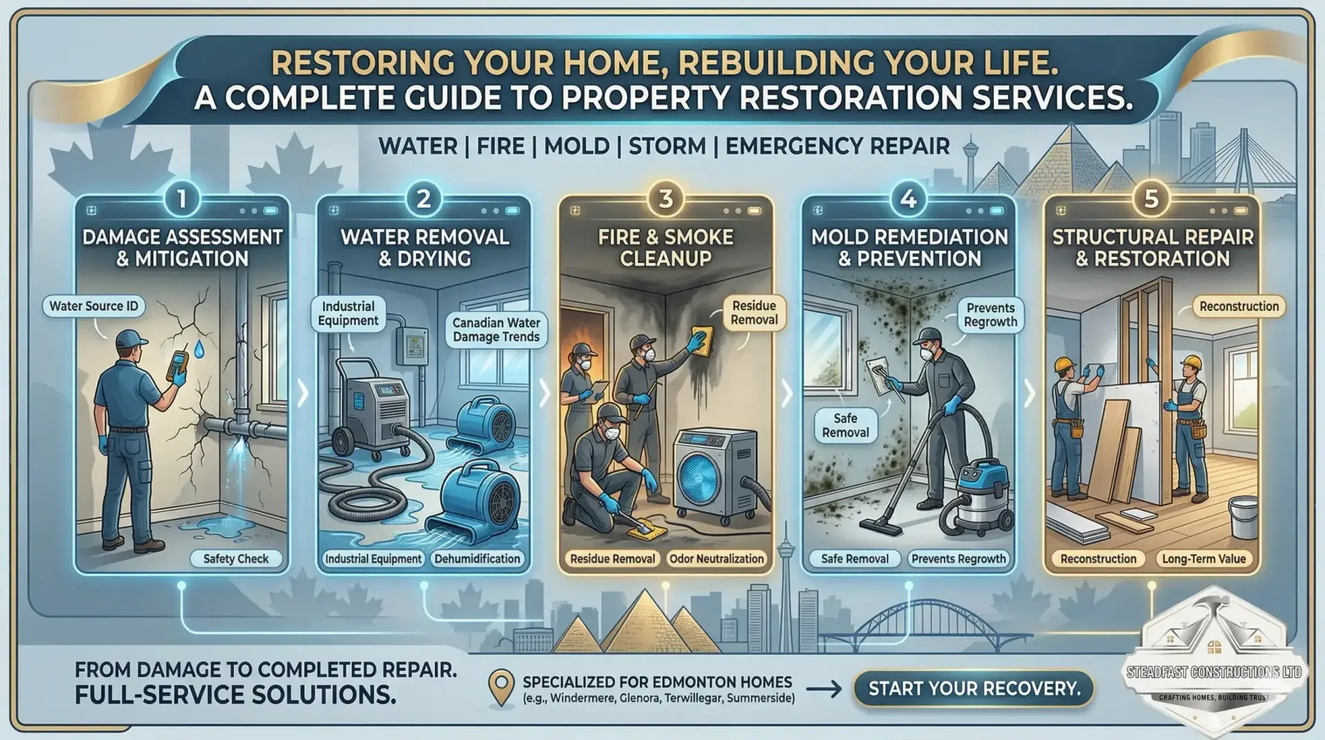 Infographic showing the complete 5-step guide to emergency property restoration services in Edmonton, including water and fire damage repair by Steadfast Ltd.