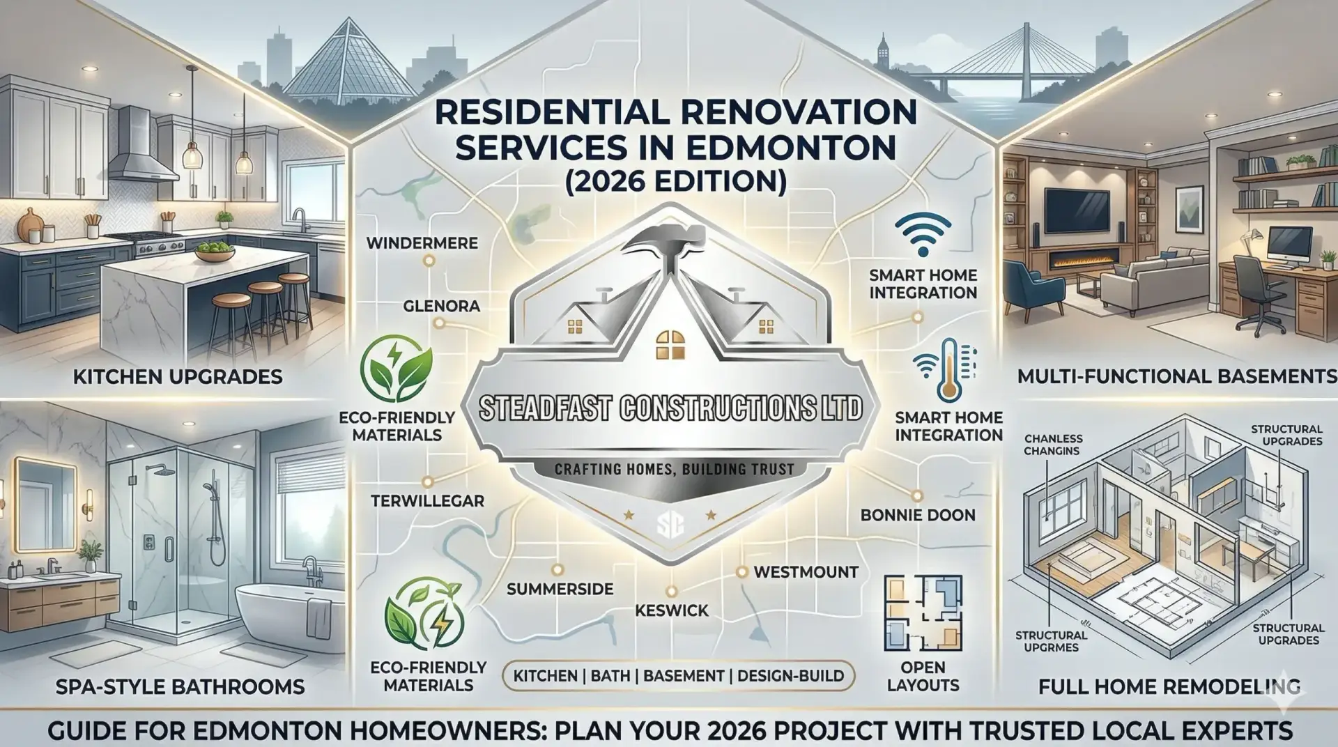 2026 guide to residential renovation services in Edmonton by Steadfast Constructions Ltd, featuring modern kitchen, bathroom, and basement remodeling trends.
