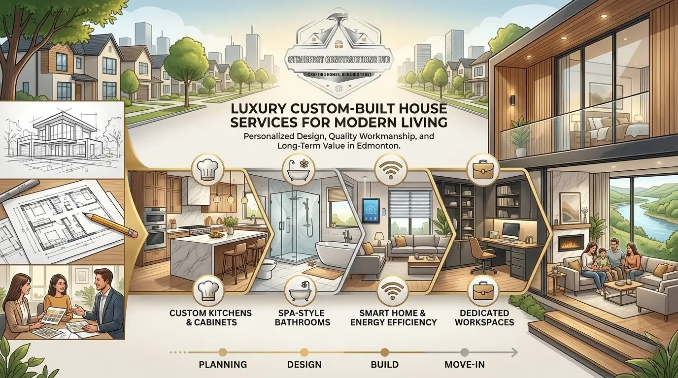 Steadfast Constructions Ltd guide to luxury custom-built house services in Edmonton. Features modern designs, smart homes, and the step-by-step build process.