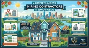 Edmonton contractor hiring guide infographic: covers essential steps including checking licensing & insurance, reviewing past work, and asking about permits. Visual illustrating diverse house renovations.
