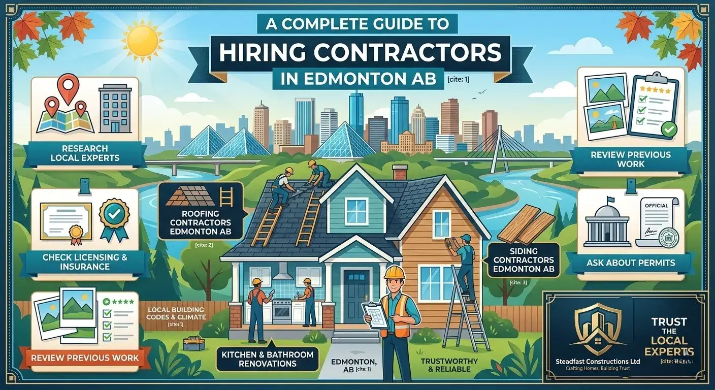 Edmonton contractor hiring guide infographic: covers essential steps including checking licensing & insurance, reviewing past work, and asking about permits. Visual illustrating diverse house renovations.