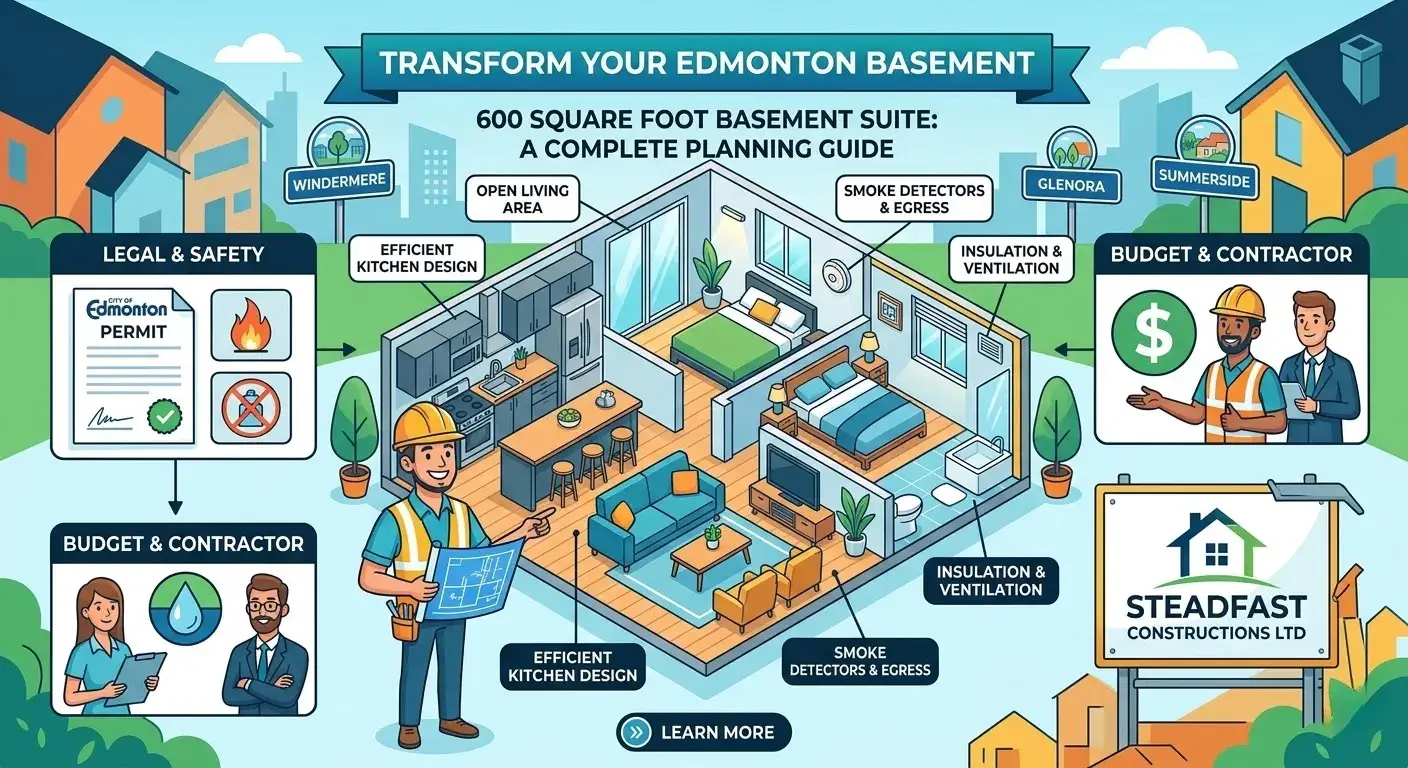 Edmonton, AB 600 sq ft basement suite planning guide. Infographic showing a 3D floor plan layout, safety permits, and a contractor for basement renovations.
