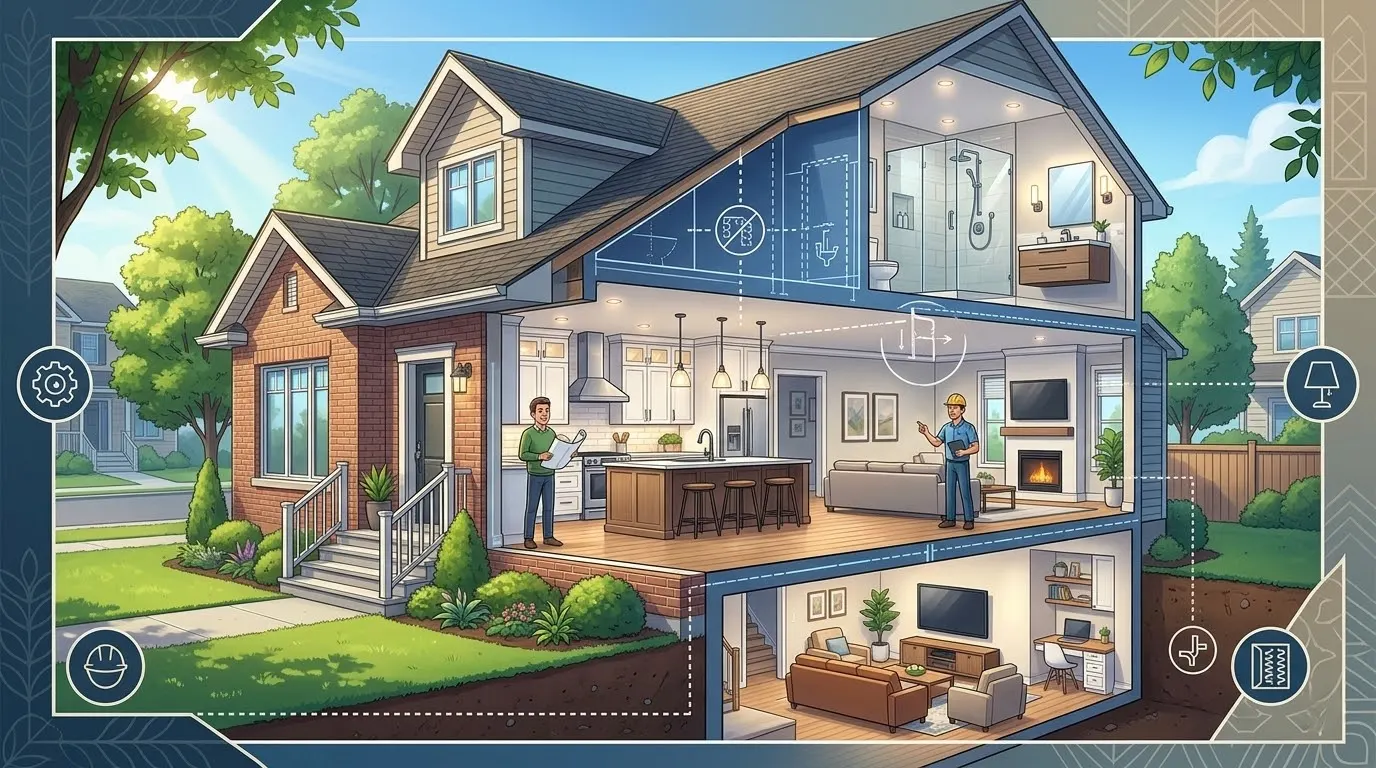 Cross-section illustration of a St. Albert home renovation. A contractor and homeowner planning modern kitchen, bathroom, and finished basement upgrades.