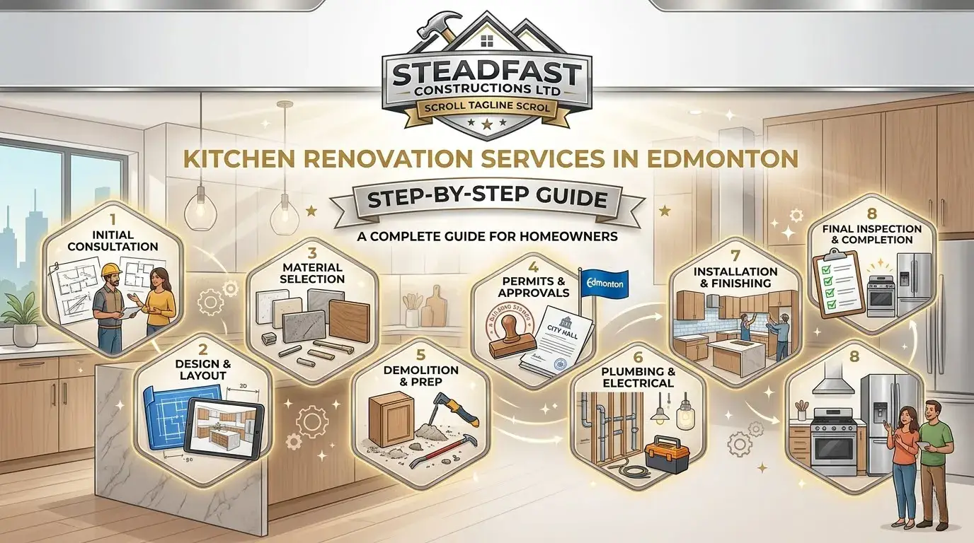 Steadfast Constructions Ltd infographic detailing a step-by-step guide to professional kitchen renovation services in Edmonton, from design to final finishing.