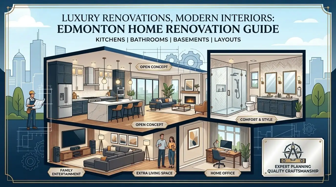 Edmonton luxury home renovation guide. House cross-section showing modern interiors, an open concept kitchen, stylish bathroom, and finished basement spaces.