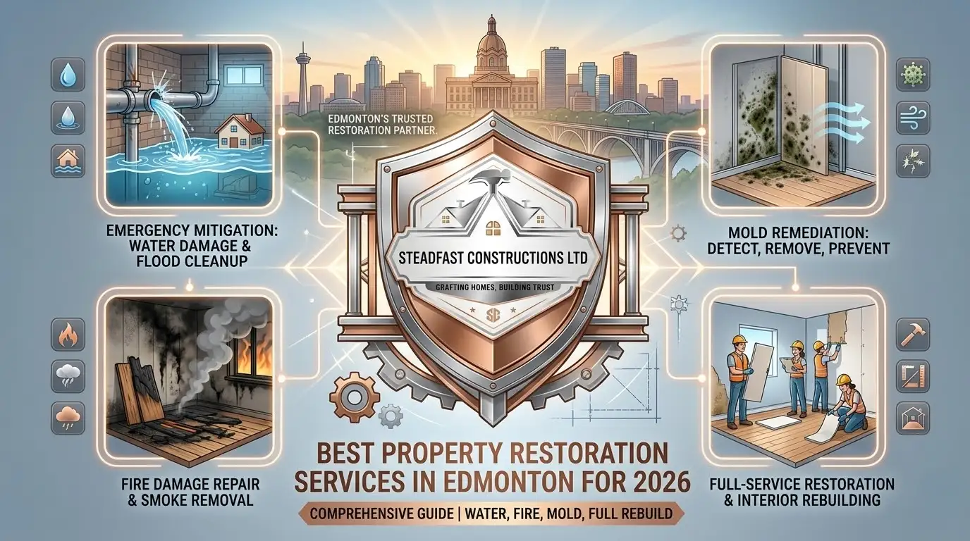Gemini said Steadfast Constructions Ltd infographic on Edmonton property restoration: water damage, fire repair, mold remediation, and full-service rebuilding. Certified experts.