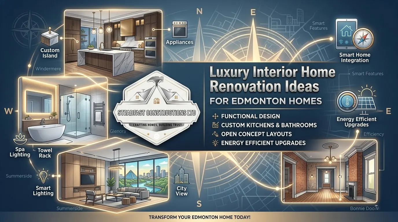Steadfast Constructions Ltd visual guide to luxury interior home renovation ideas in Edmonton, featuring custom kitchens, spa bathrooms, and smart upgrades.