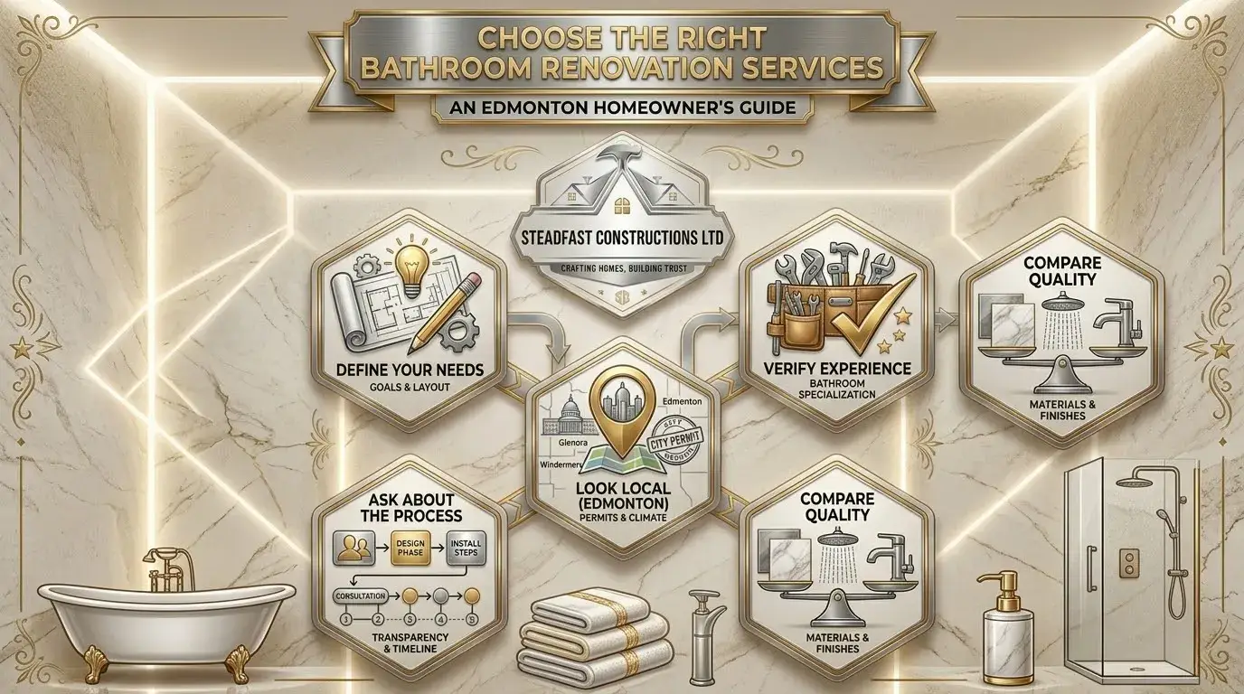 Steadfast Constructions Ltd infographic on choosing bathroom renovation services in Edmonton. Visual guide covering layout planning, permits, and experience.