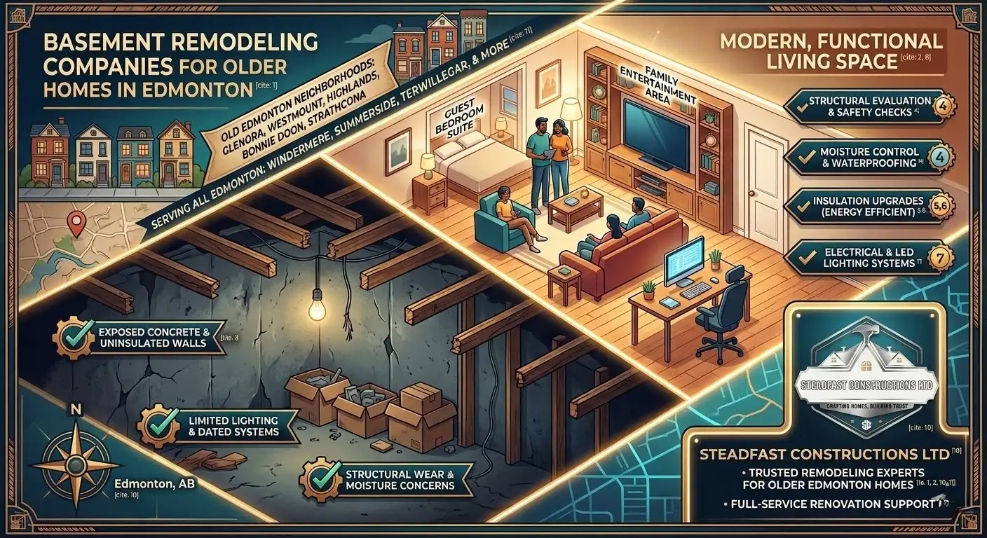 Gemini said Edmonton basement renovation infographic from Steadfast Constructions Ltd showing the transformation of an unfinished space into a modern living area for older homes.