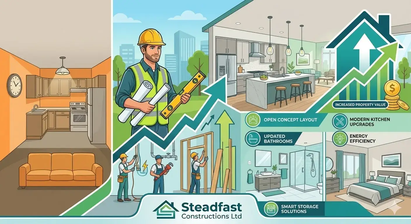 How home remodeling contractors increase Edmonton property value. Steadfast Constructions Ltd graphic shows modern kitchen, bathroom, and layout upgrades.