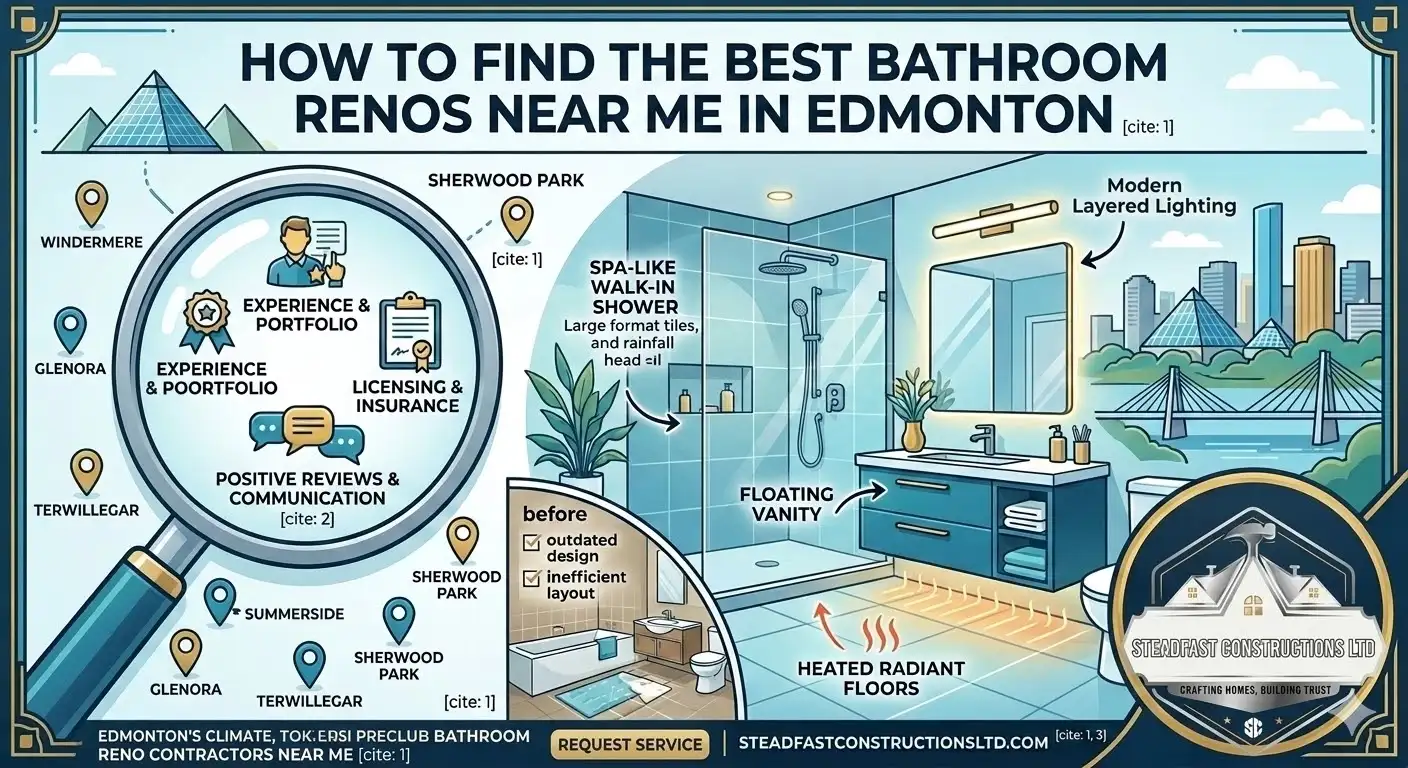 Steadfast Constructions Ltd infographic on finding the best bathroom renos in Edmonton. Highlights contractor checks, heated floors, and modern vanity designs.
