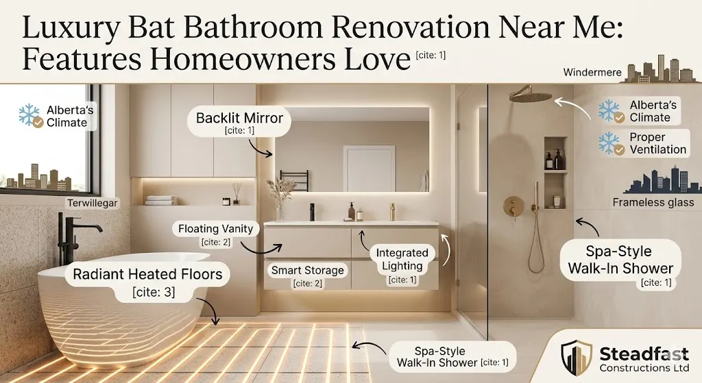 Steadfast Constructions Ltd infographic showing a before-and-after open concept basement renovation in Edmonton, highlighting key features like moisture control, maximized layouts, code compliance, and added home value.