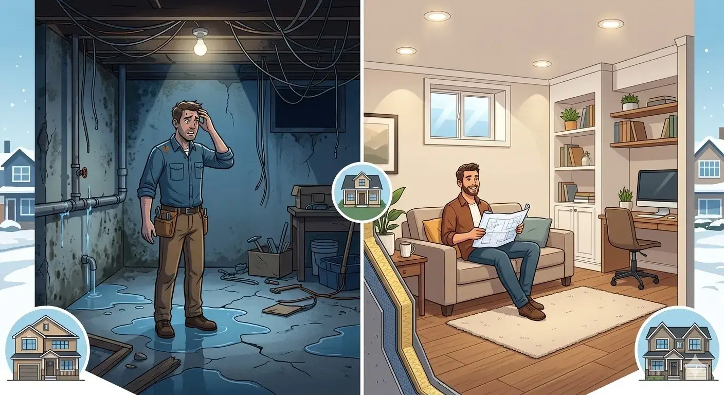 Before and after of an Edmonton basement development. The left shows a dark, unfinished basement; the right features a bright, modern living room and office.