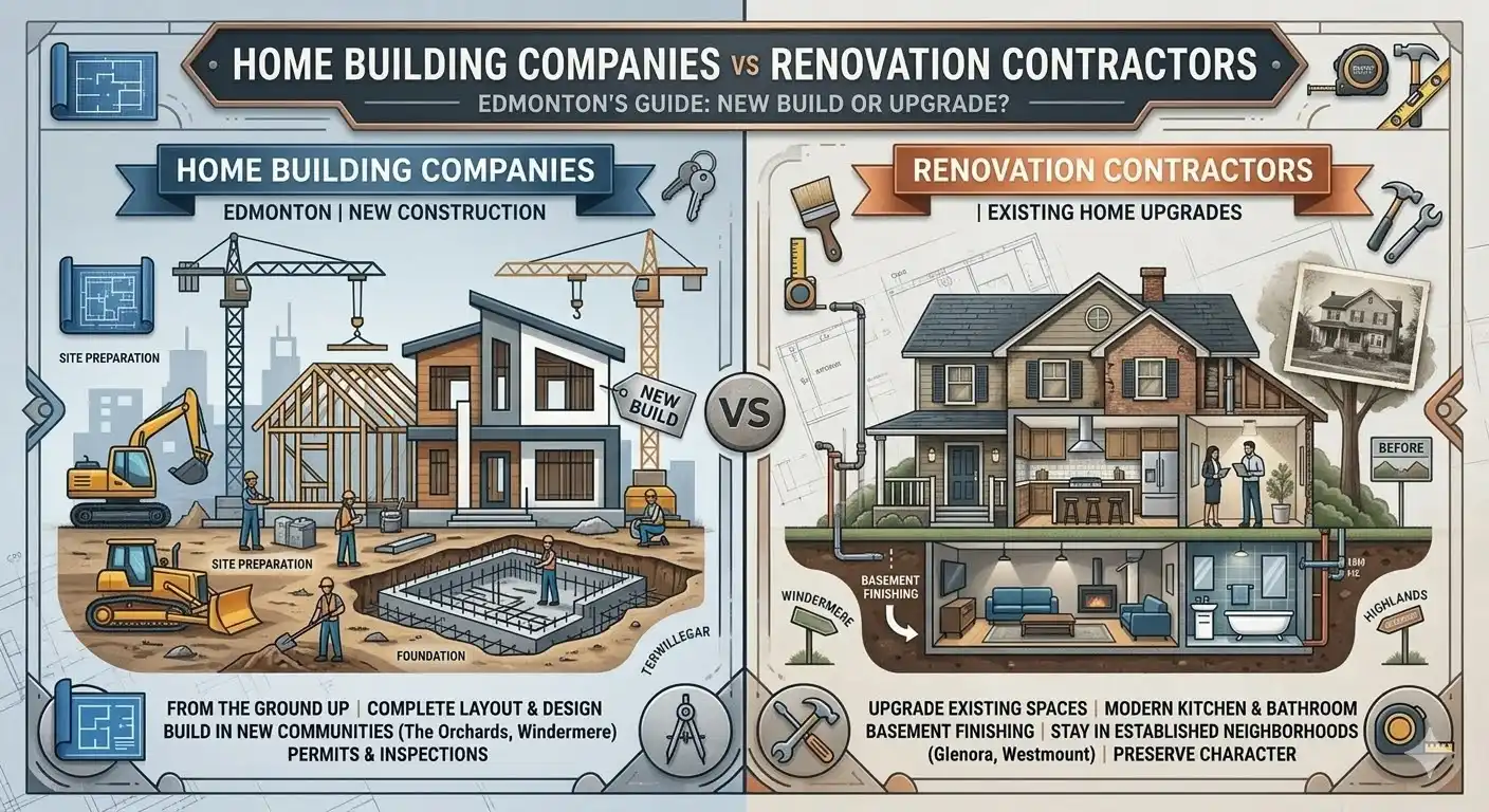 Edmonton infographic comparing Home Building Companies vs Renovation Contractors. Left details new construction; right illustrates existing home upgrades and remodeling.