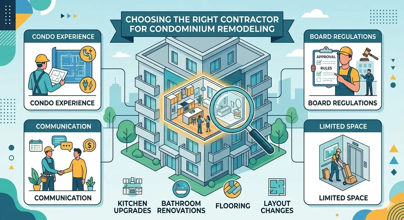 How to choose a contractor for condominium remodeling in Edmonton. Infographic covering condo experience, board regulations, communication, and limited spaces.