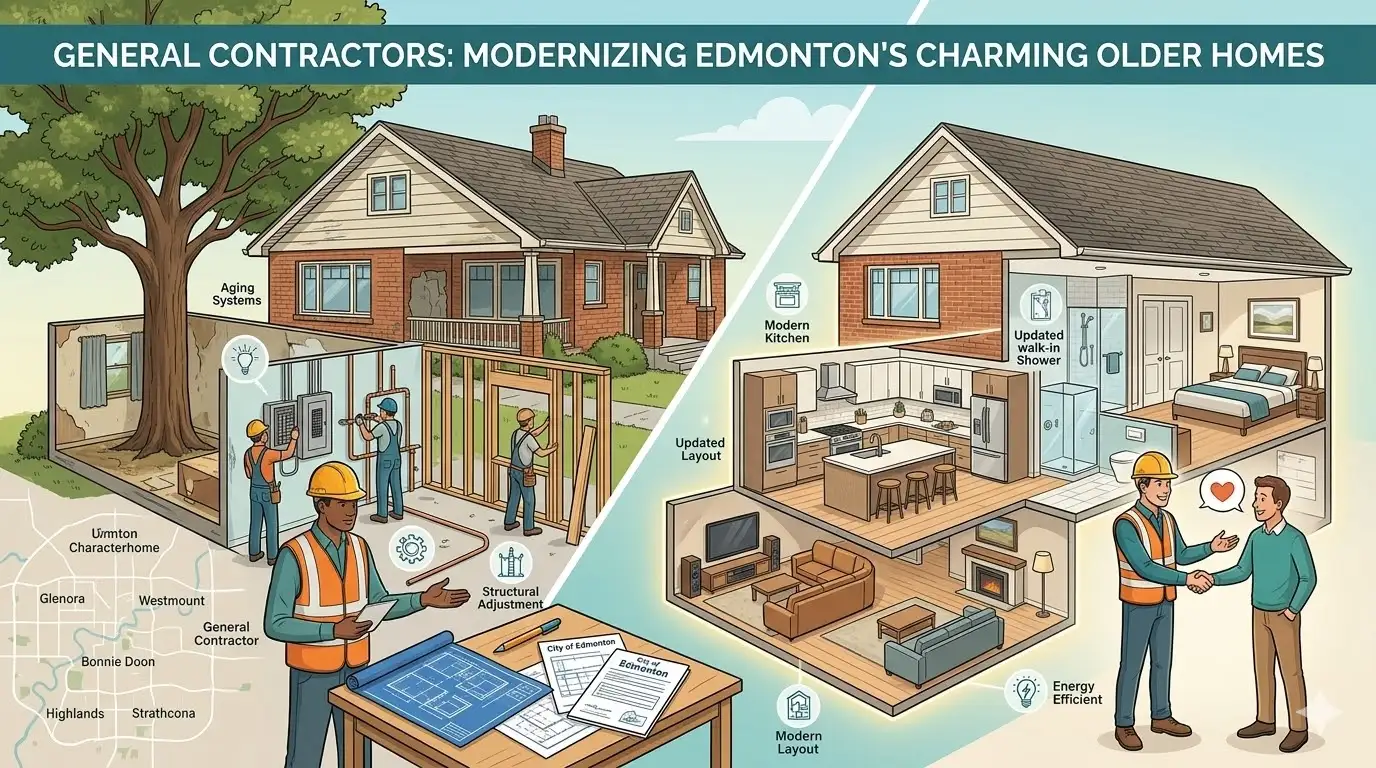 Edmonton general contractors modernizing older homes. This infographic contrasts structural updates with a newly renovated open layout, kitchen, and bathroom.