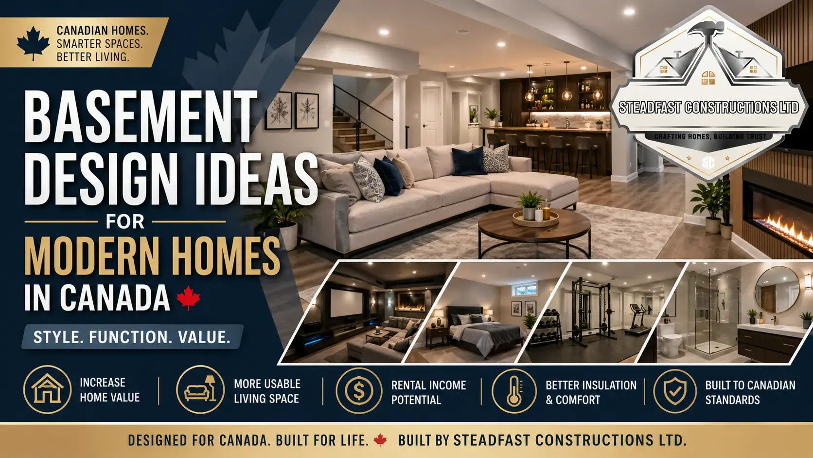 Modern basement design feature image showcasing stylish open-concept living space in Canada with cozy lighting, home bar, and Steadfast Constructions branding.