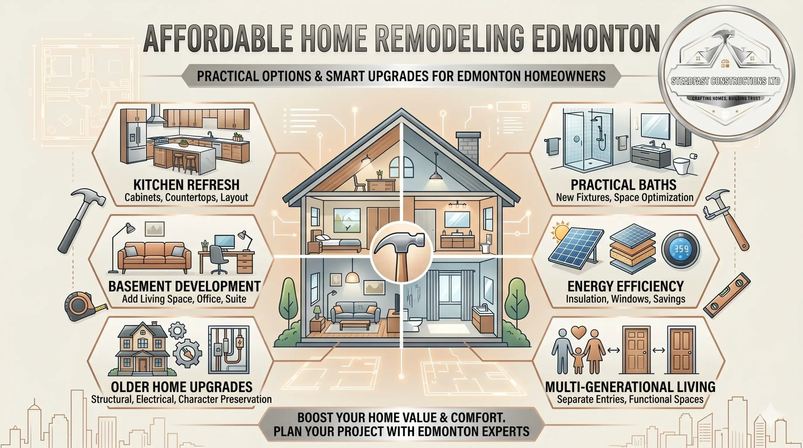 Infographic on affordable home remodeling Edmonton by Steadfast Constructions Ltd. Covers kitchen, bath, basement, and energy-efficient practical upgrades.