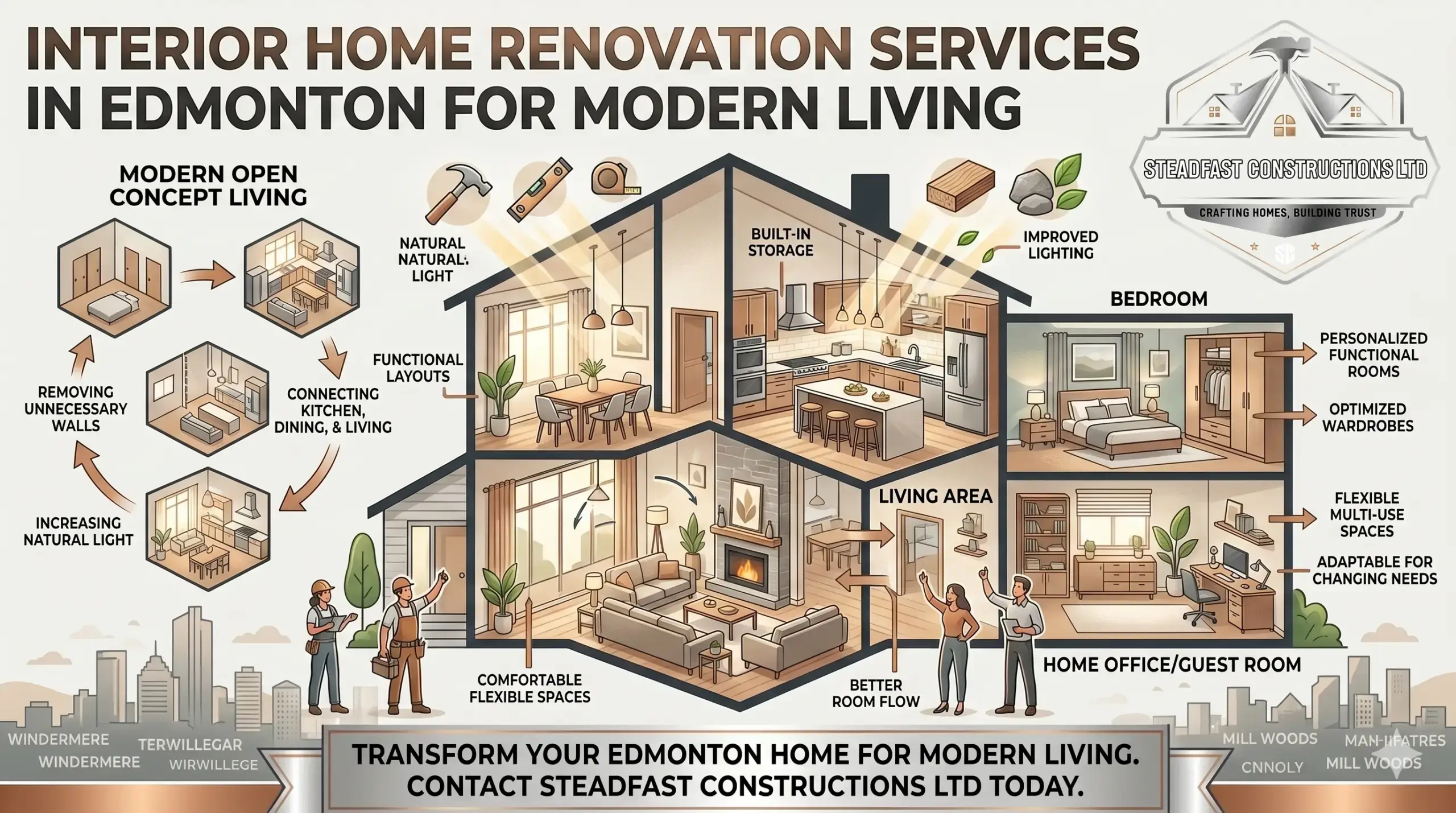 Edmonton interior home renovation services infographic by Steadfast Constructions Ltd showing modern open concepts, smart storage, and functional room layouts.