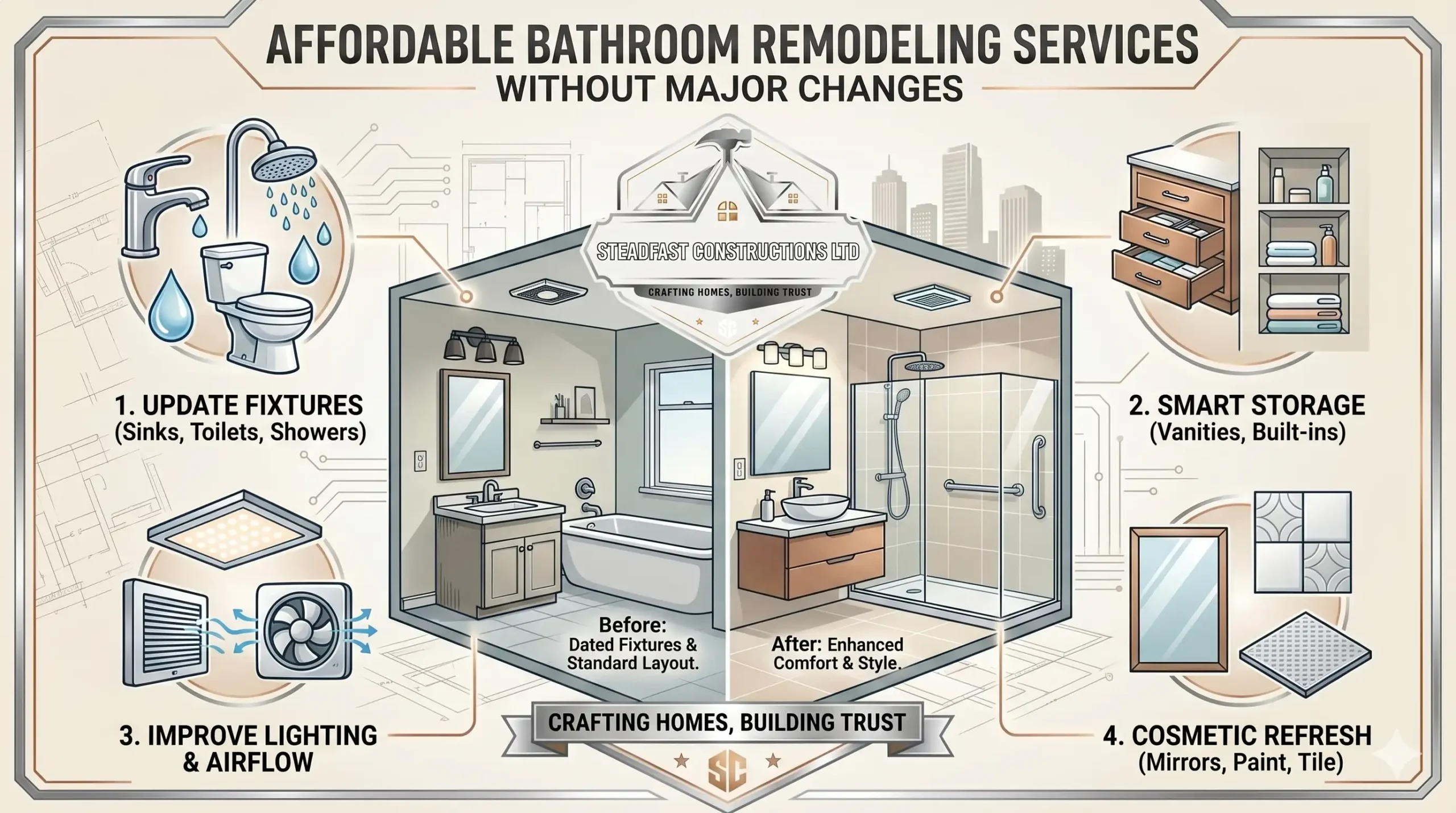 Edmonton infographic by Steadfast Constructions Ltd showing affordable bathroom remodeling services without major changes. Features fixture and storage updates.