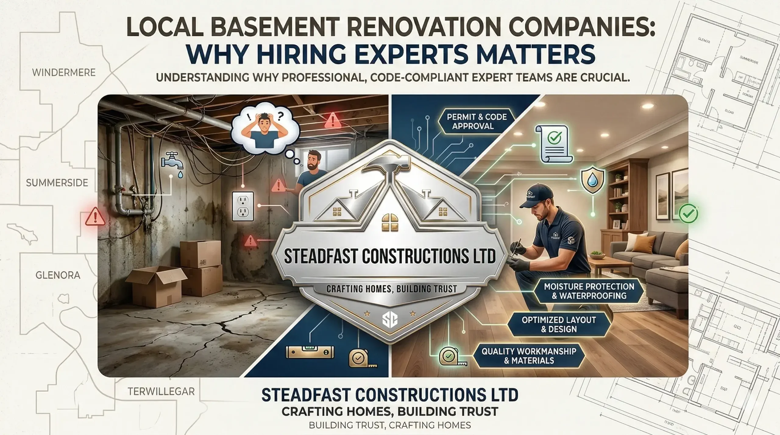 Before and after guide on why hiring local basement renovation companies in Edmonton matters, showing Steadfast Constructions Ltd moisture and code checks.