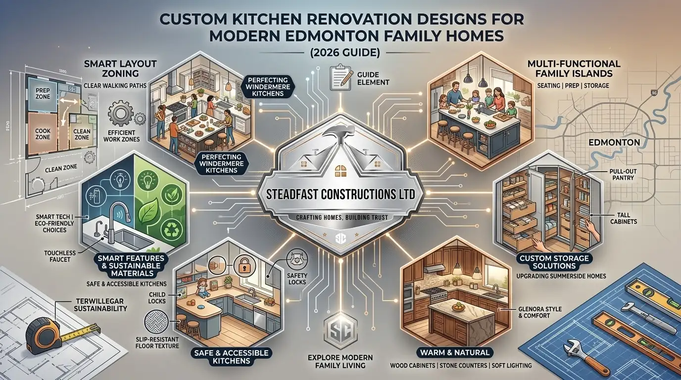 Custom kitchen renovation designs for modern Edmonton family homes by Steadfast Constructions Ltd, showing layout zoning, multi-functional islands, and storage.