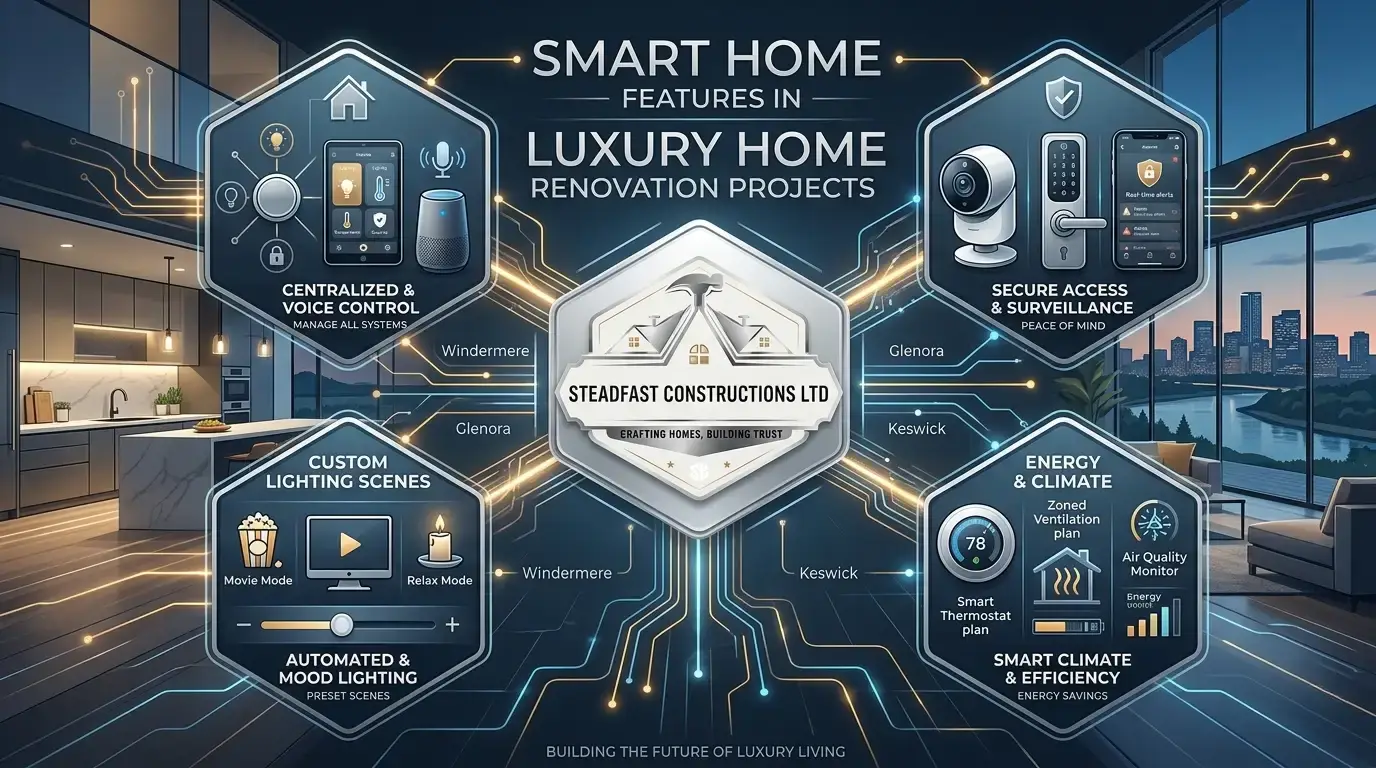 An infographic of smart home features in luxury home renovation projects in Edmonton by Steadfast Constructions Ltd, detailing security and climate technology.