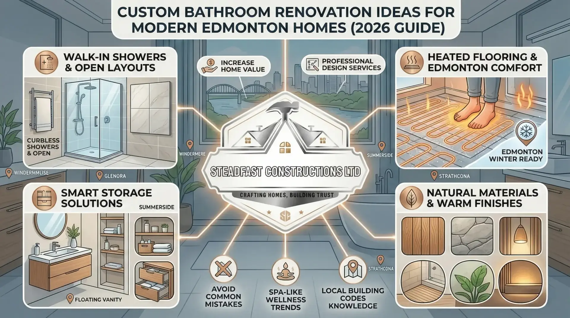 Custom bathroom renovation ideas for modern Edmonton homes by Steadfast Constructions Ltd. Infographic showing heated floors, storage, and walk-in showers.