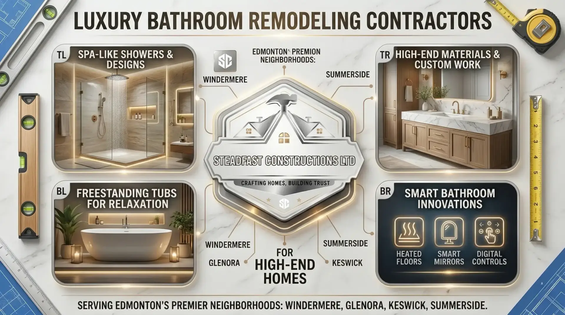 Edmonton luxury bathroom remodeling contractors guide by Steadfast Constructions Ltd, showing spa-like showers, freestanding tubs, and smart home technology