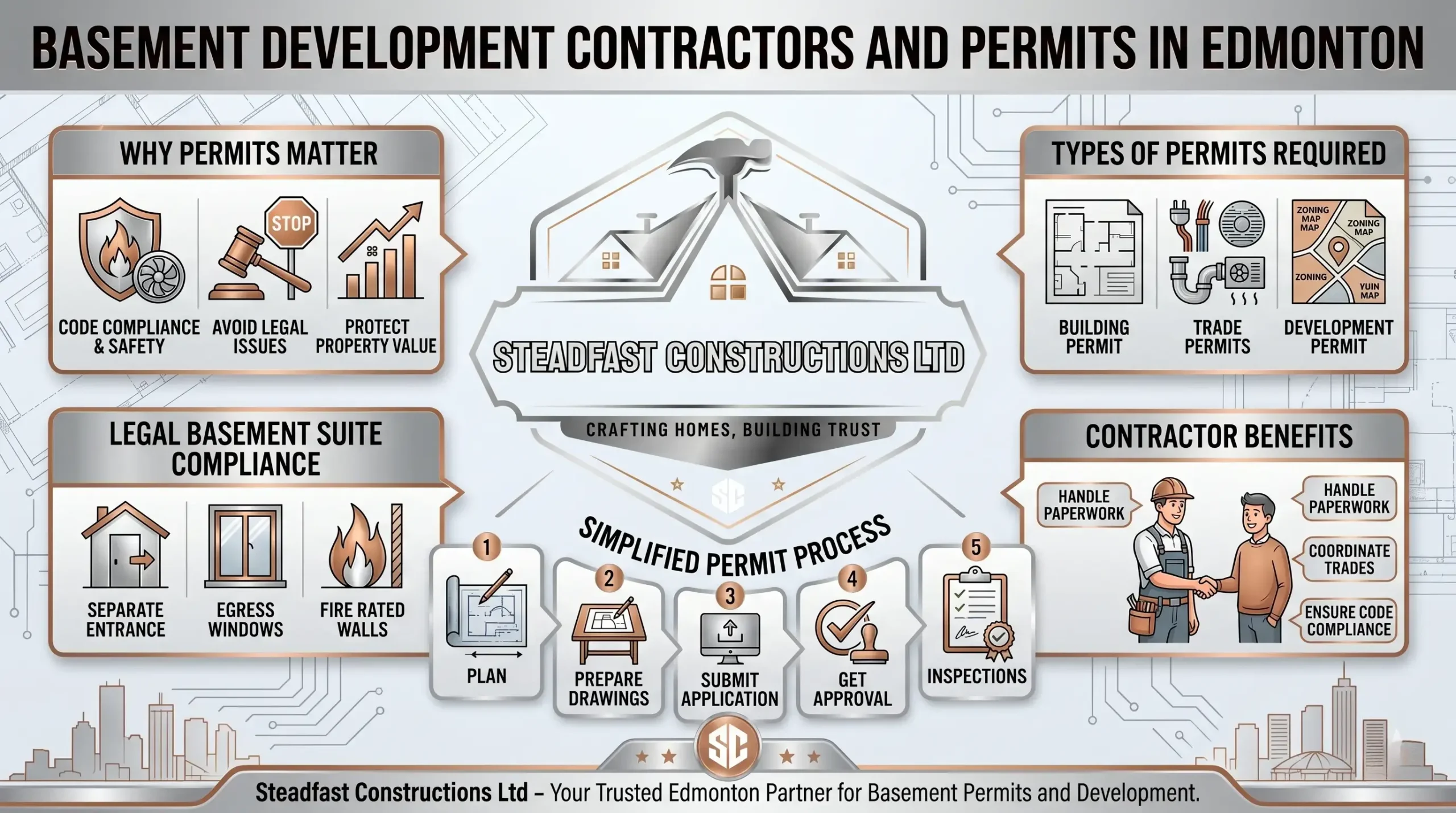 Edmonton basement development permits infographic by Steadfast Constructions Ltd. Shows permit types, legal suite rules, and the 5-step city approval process.