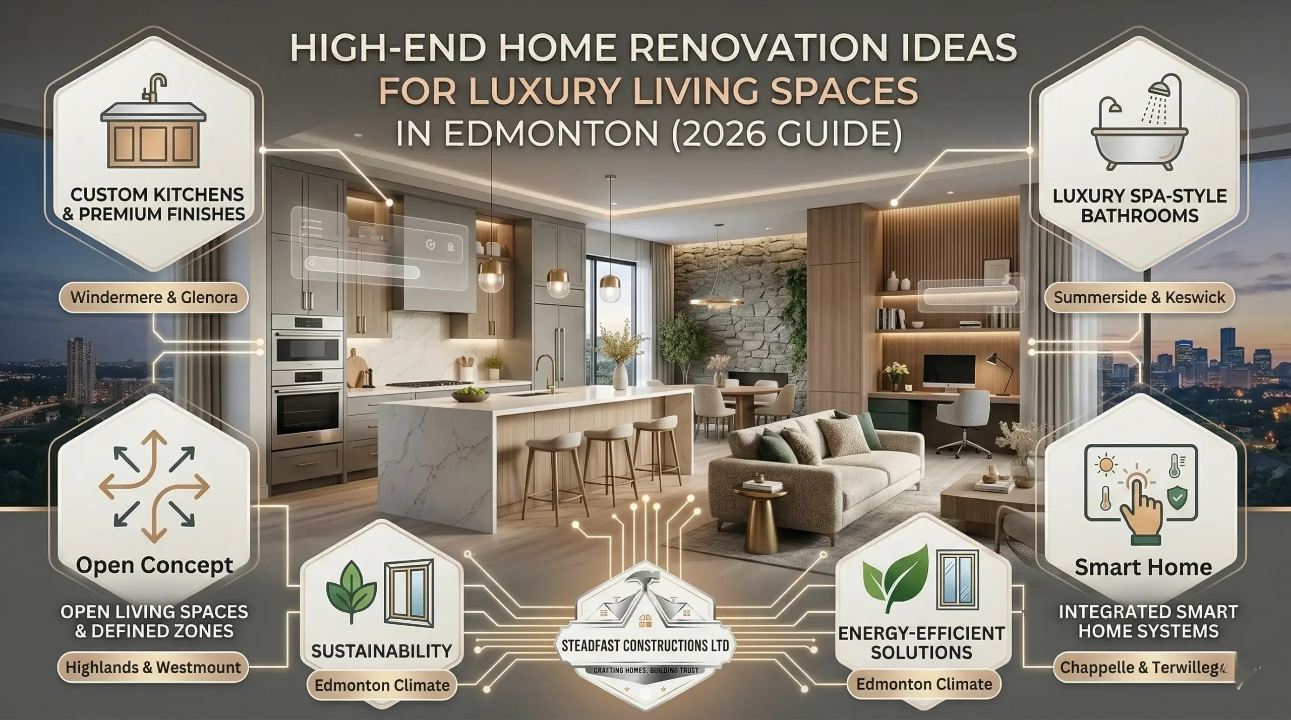 High-end home renovation ideas for luxury living spaces in Edmonton by Steadfast Constructions Ltd, featuring custom kitchens, open concepts, and smart tech.