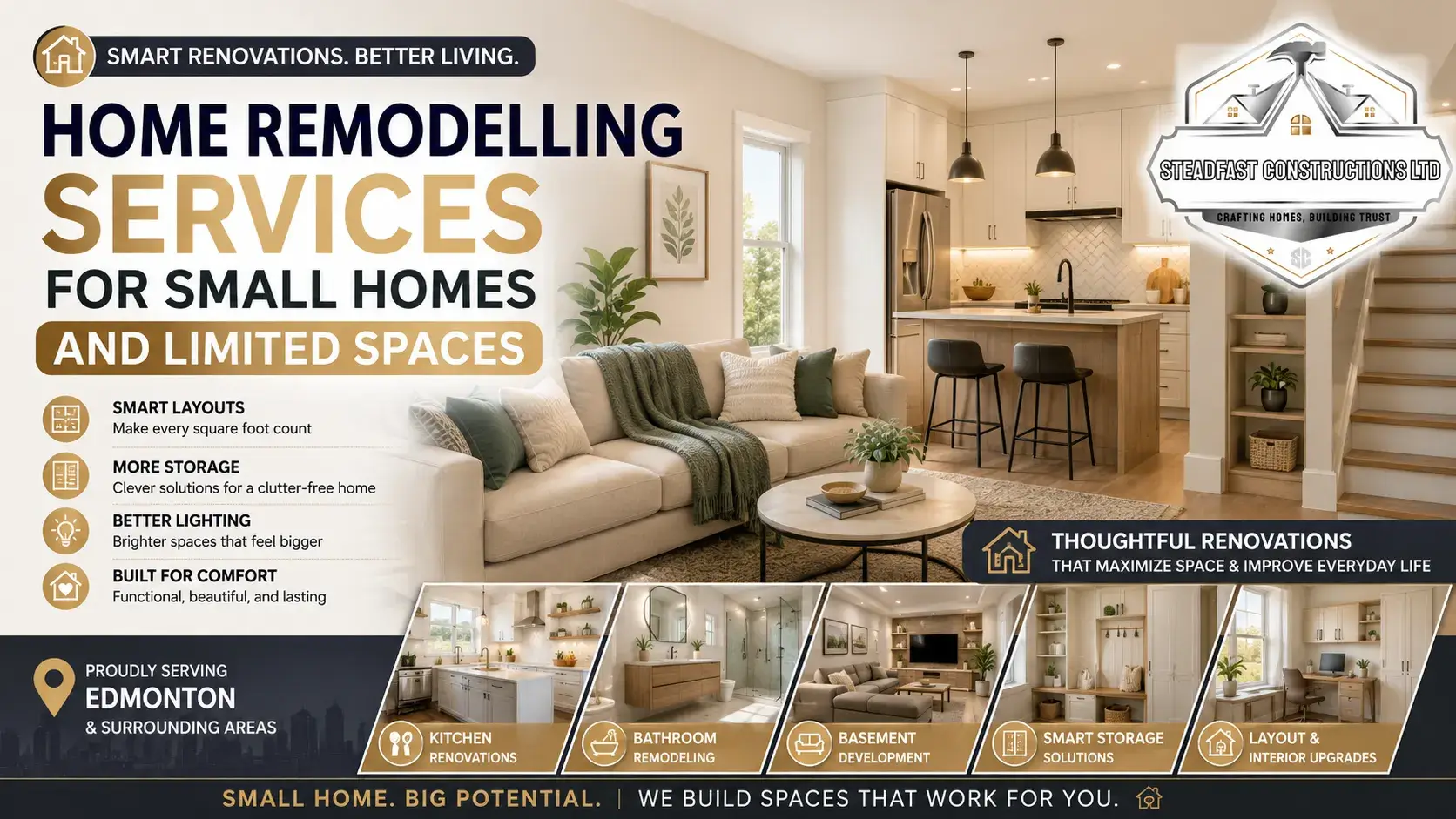 Modern home remodelling services for small homes in Edmonton featuring smart layouts, kitchen renovation, storage solutions, lighting, and basement upgrades.
