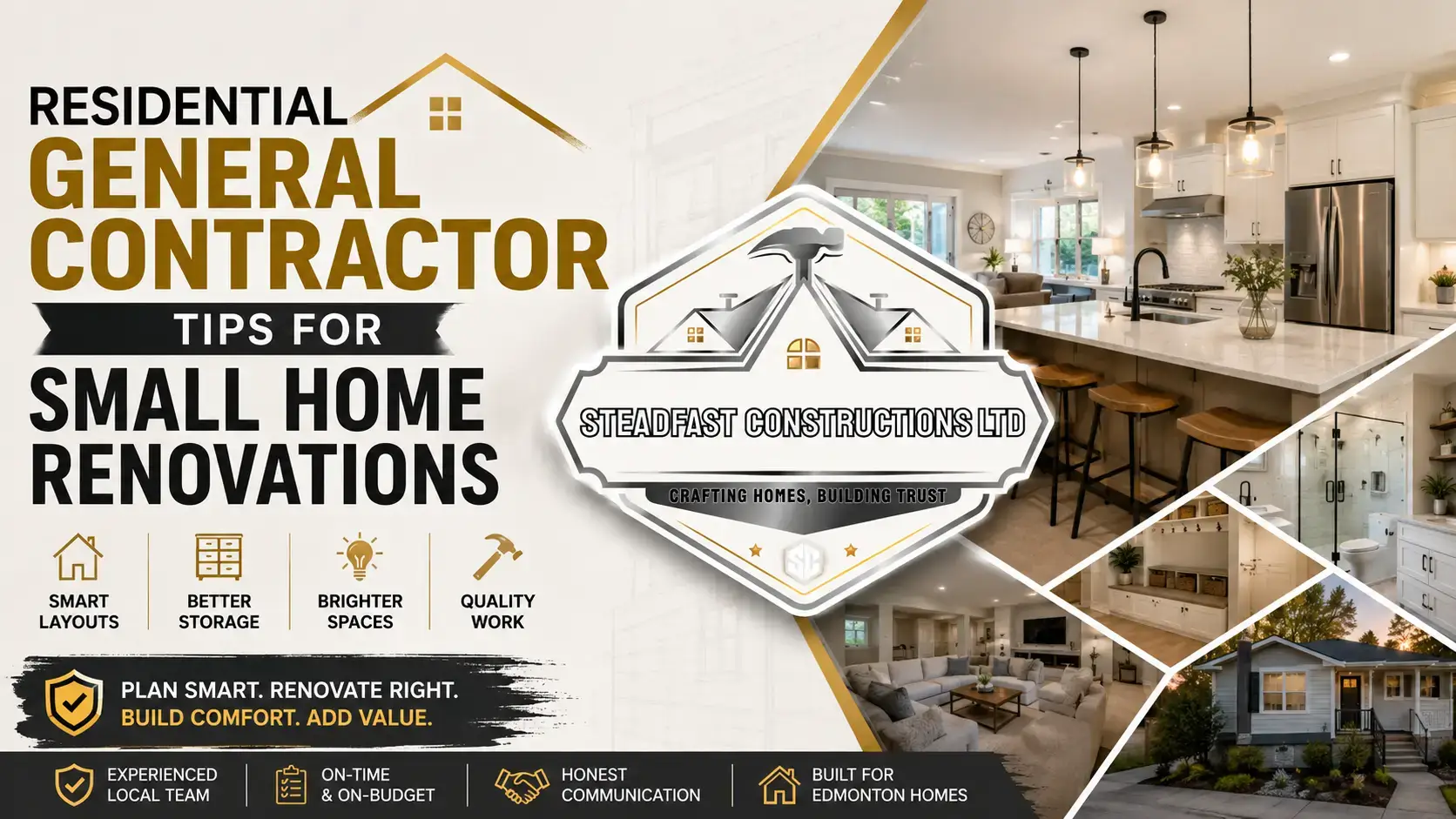 Modern residential general contractor renovation banner featuring small home kitchen, bathroom, basement upgrades and smart storage solutions in Edmonton.