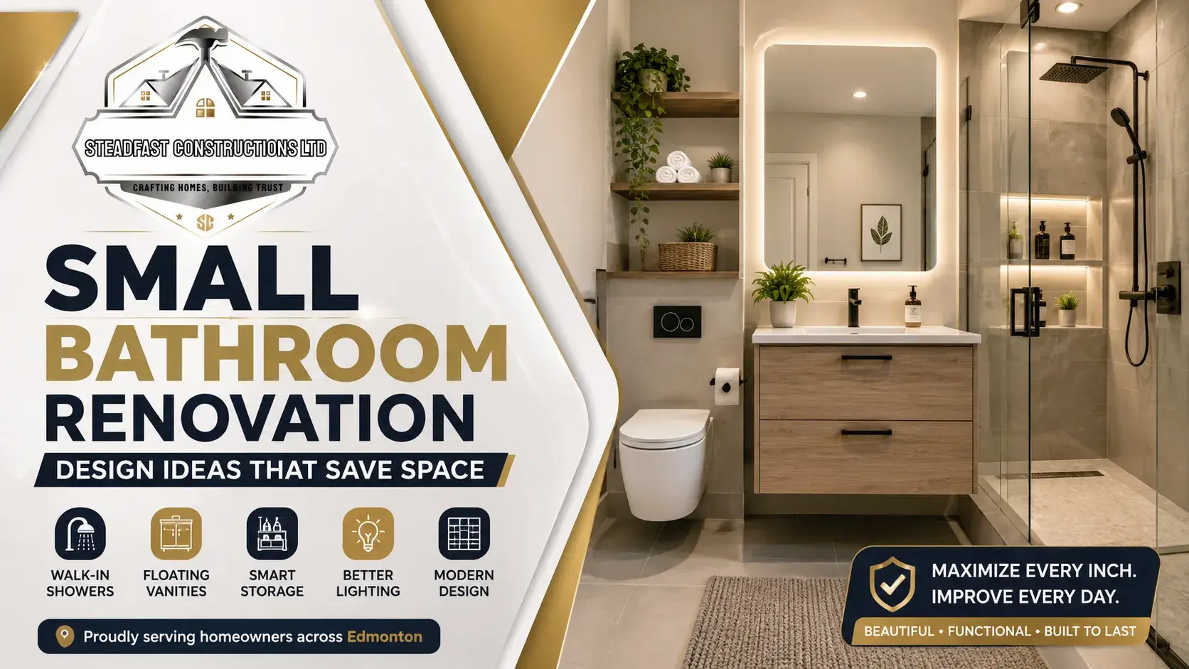 Modern small bathroom renovation design with walk-in shower, floating vanity, smart storage, and layered lighting by Steadfast Constructions Ltd Edmonton.