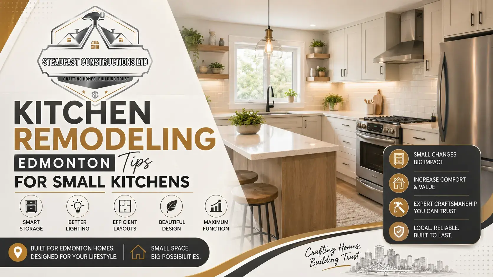 Modern small kitchen remodeling in Edmonton featuring smart storage, warm lighting, custom cabinets, and functional renovation design by Steadfast Constructions Ltd.