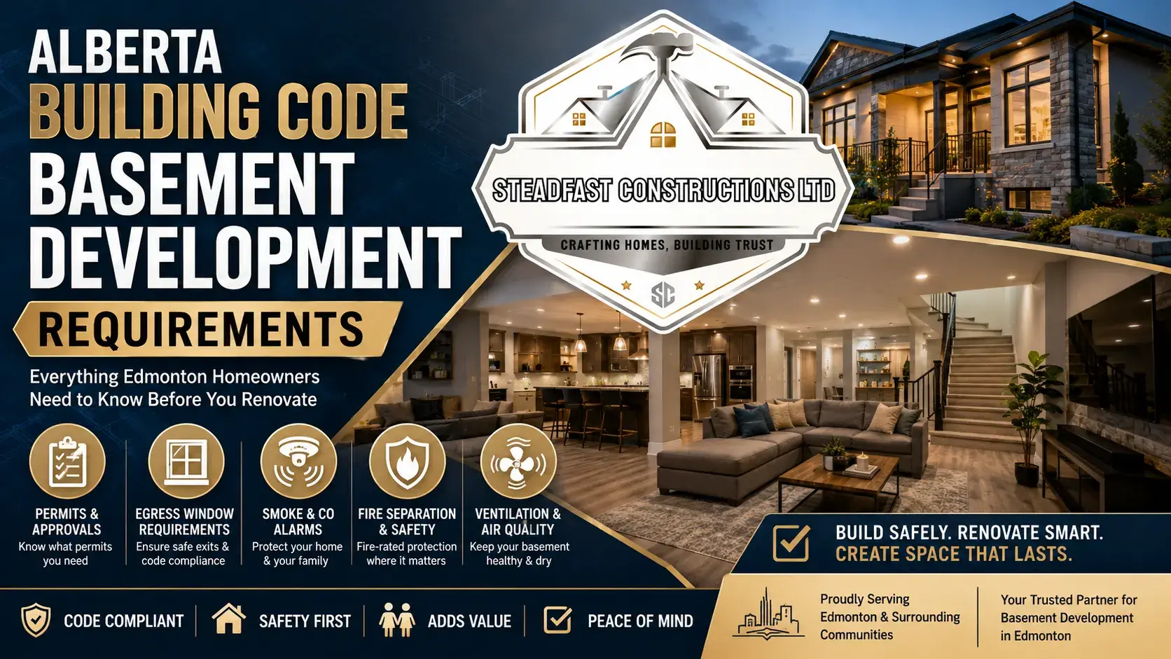 Professional Alberta basement development requirements banner by Steadfast Constructions Ltd featuring luxury basement renovation and code compliance.