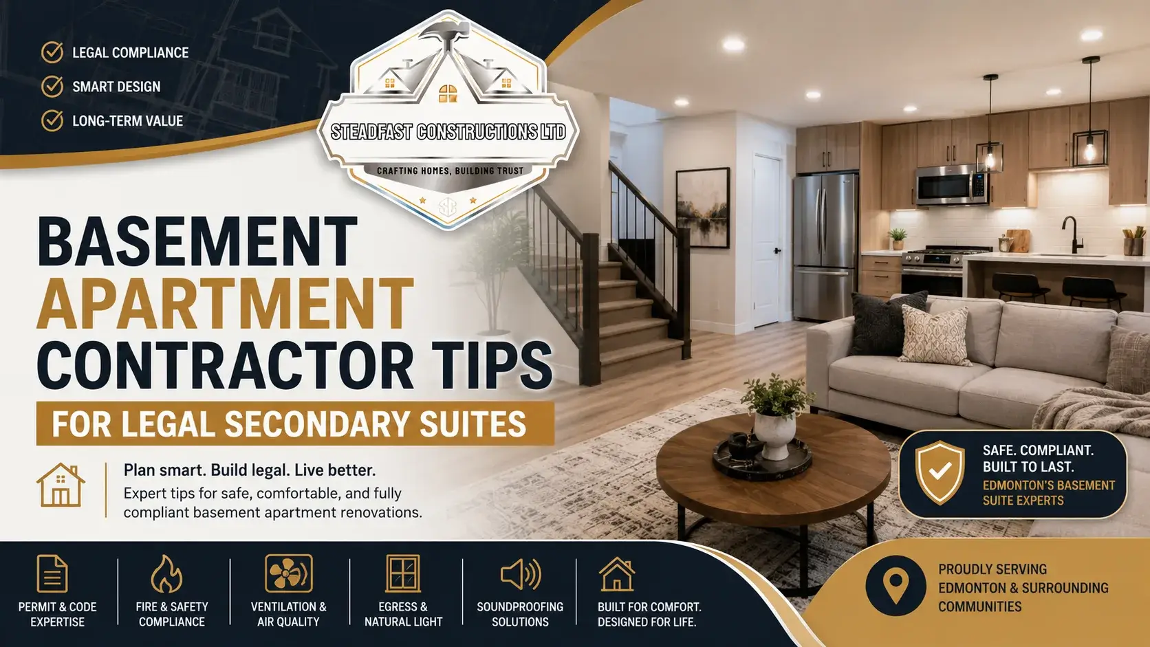 Steadfast Constructions Ltd basement apartment contractor tips for legal secondary suites in Edmonton with modern basement renovation design.