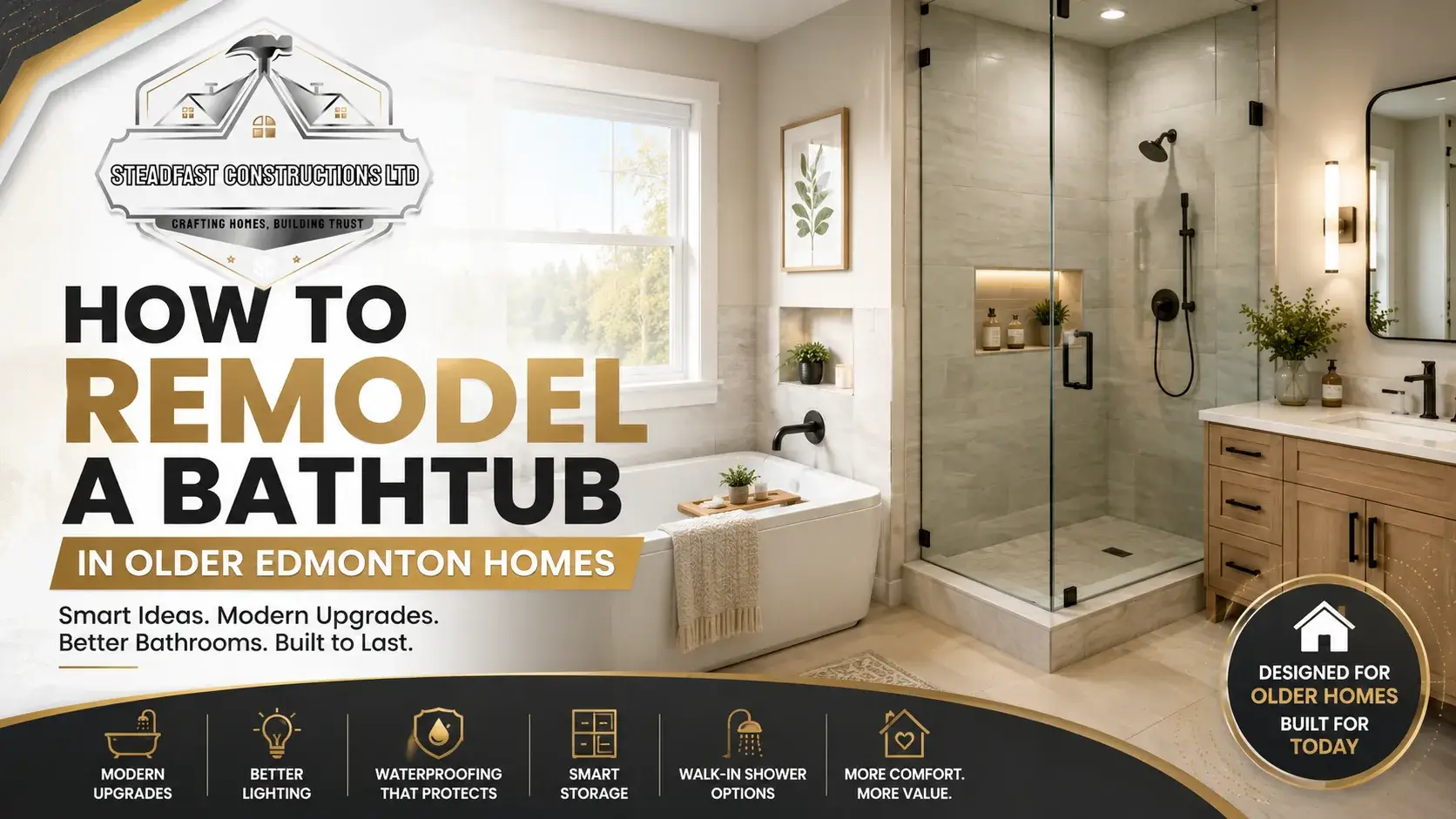 Modern bathroom remodel in older Edmonton home featuring walk-in shower, bathtub renovation, improved lighting, storage, and waterproofing upgrades.