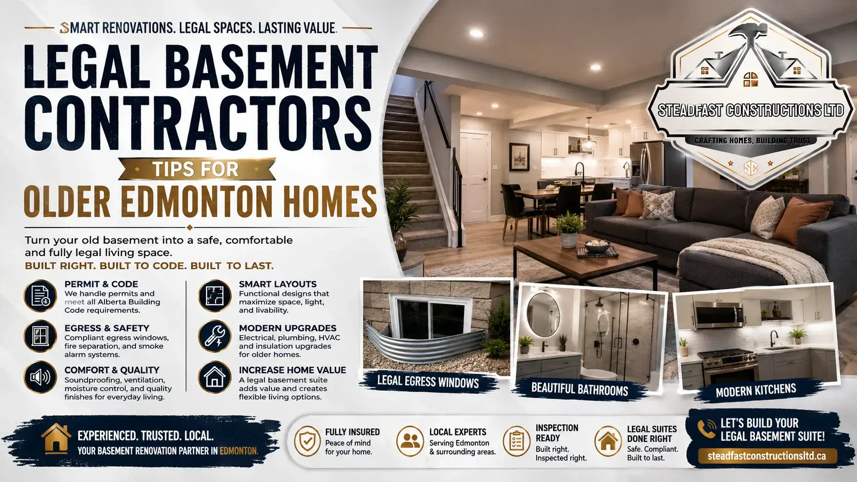 Legal basement contractors renovating older Edmonton homes with modern basement suite design, egress windows, code-compliant upgrades, and safe living spaces.