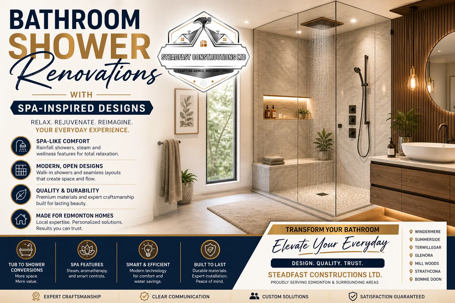 Bathroom shower renovations with spa-inspired designs featuring a modern walk-in glass shower, rainfall showerhead, warm lighting, and premium finishes by Steadfast Constructions Ltd in Edmonton
