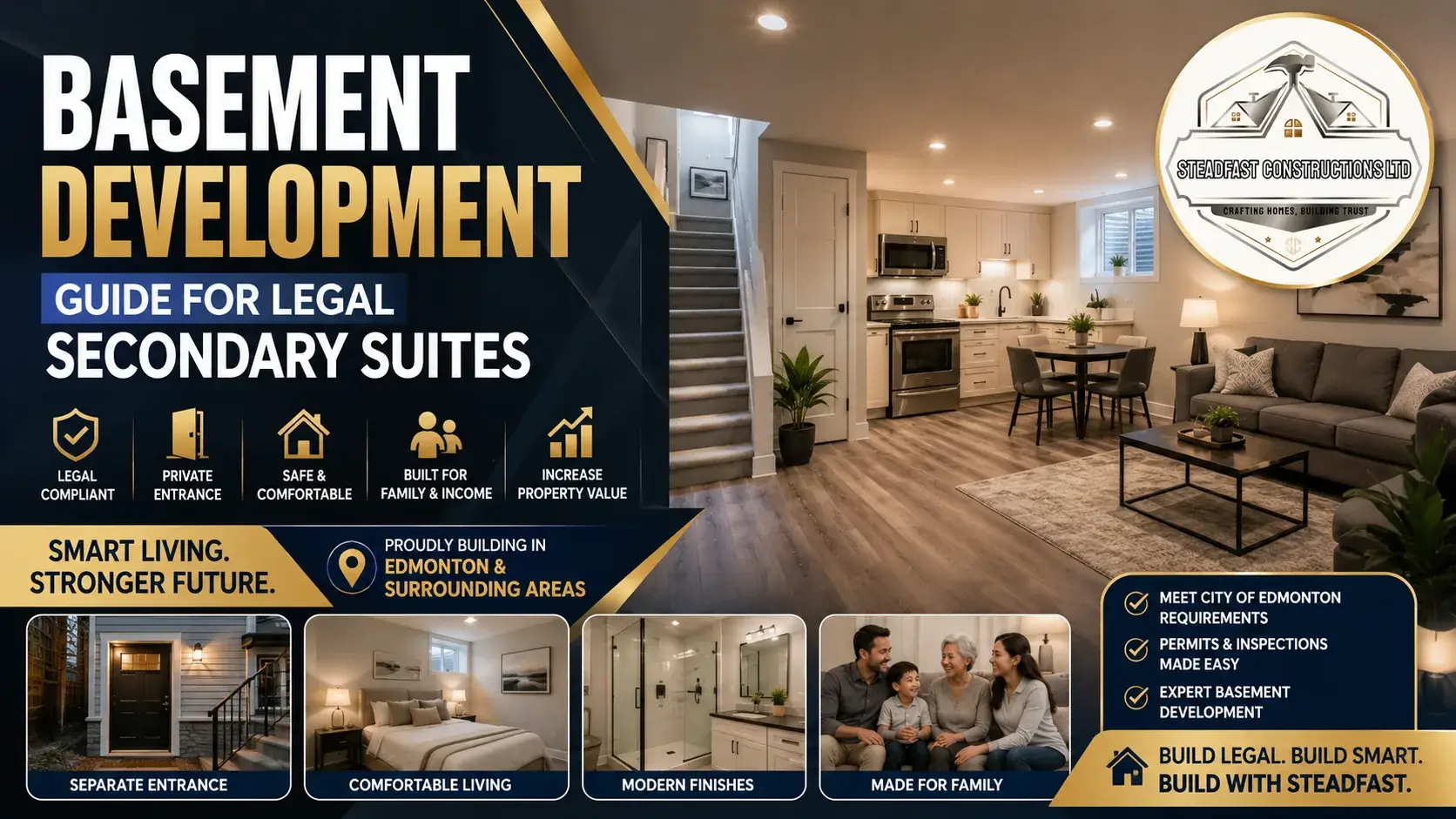 Modern legal basement suite development in Edmonton with separate entrance, fire-safe design, bright interior, and Steadfast Constructions Ltd branding.