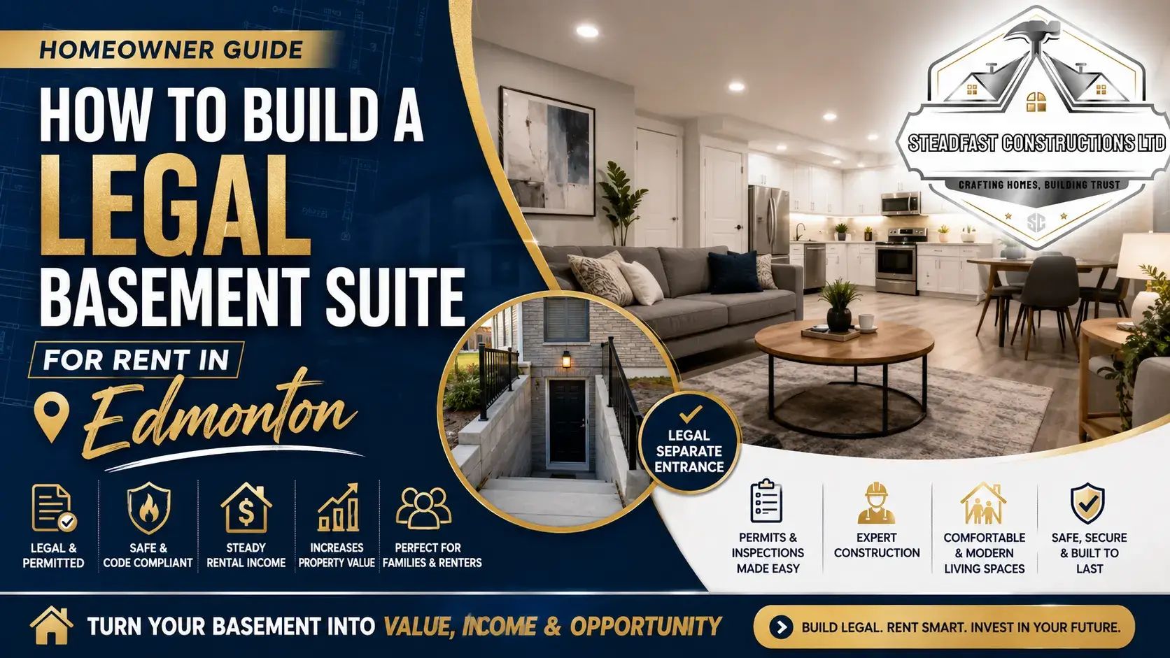 Legal basement suite for rent in Edmonton with modern interior, separate entrance, permits, code-compliant renovation by Steadfast Constructions Ltd.