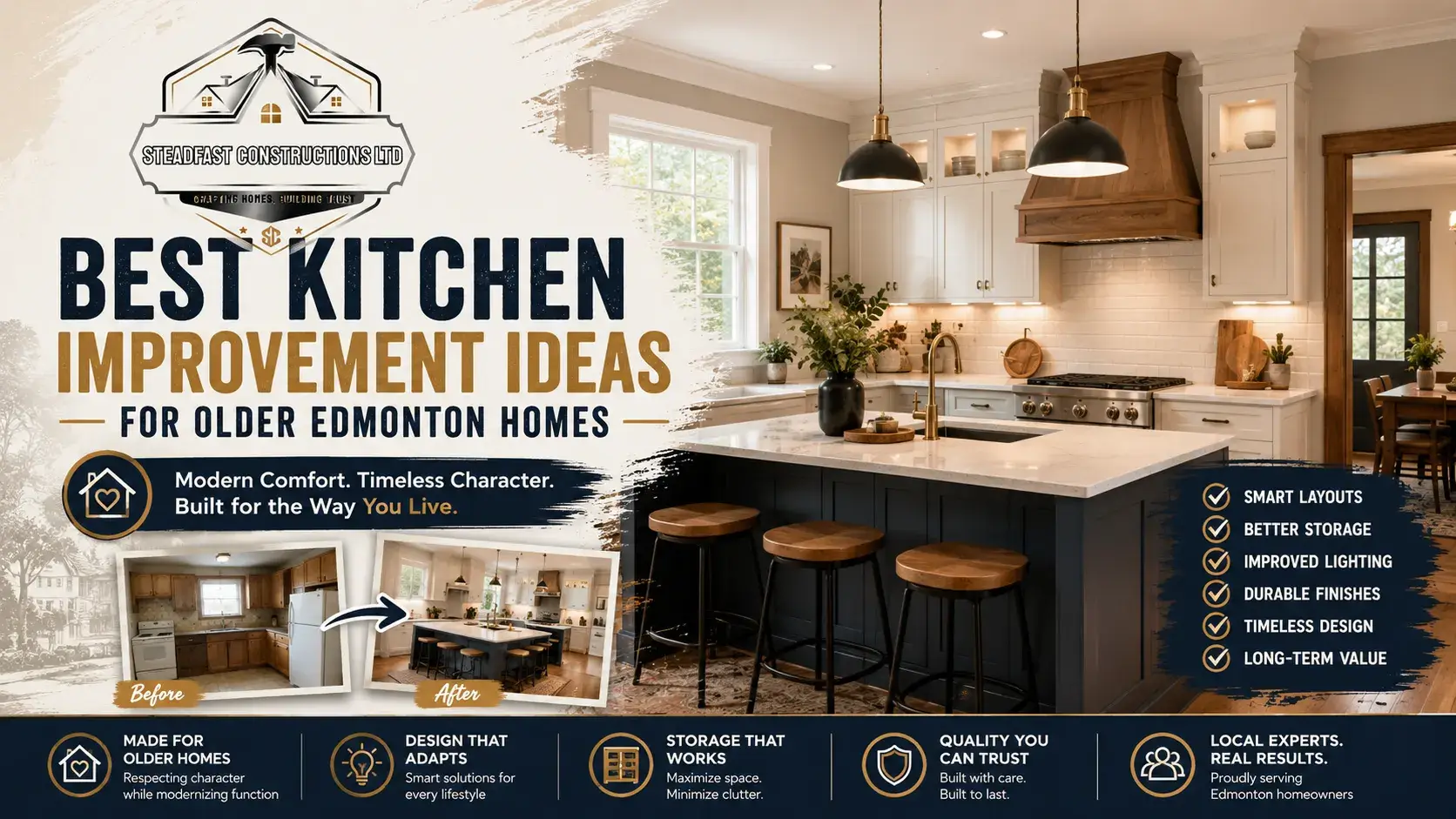 Modern kitchen renovation in an older Edmonton home featuring custom storage, improved lighting, finishes and timeless design by Steadfast Constructions Ltd.