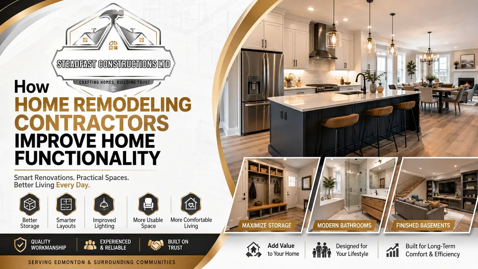 Steadfast Constructions Ltd home remodeling contractors feature image showcasing modern kitchen, bathroom, basement and storage renovations in Edmonton homes.