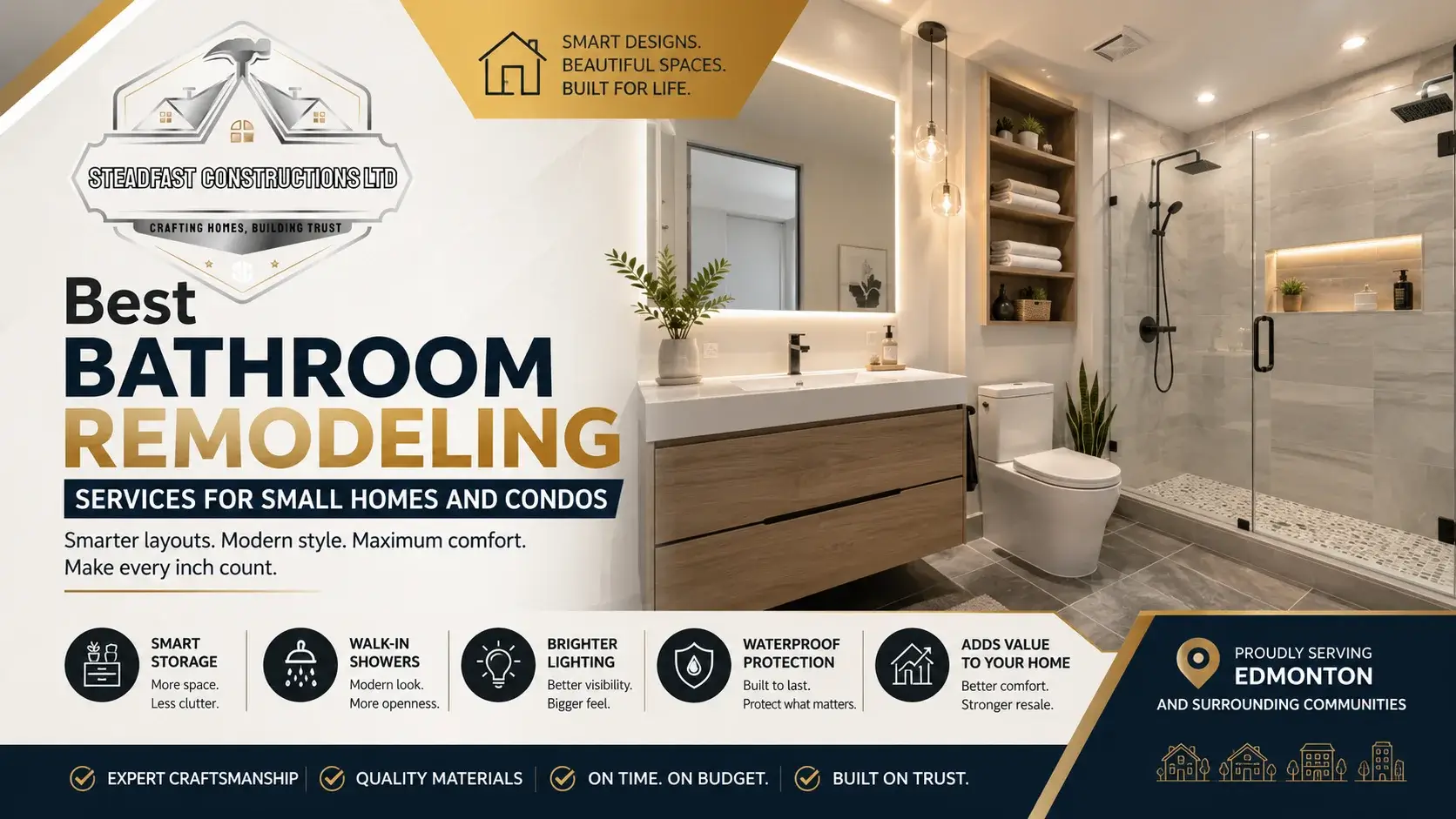 Best bathroom remodeling services for small homes and condos in Edmonton featuring a modern walk-in shower, smart storage, bright lighting, and custom renovation design.