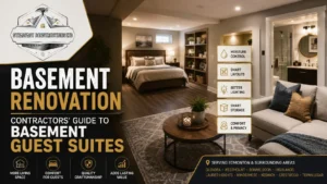 Modern basement guest suite renovation in Edmonton featuring bedroom, lounge area, bathroom and Steadfast Constructions logo with design highlights.